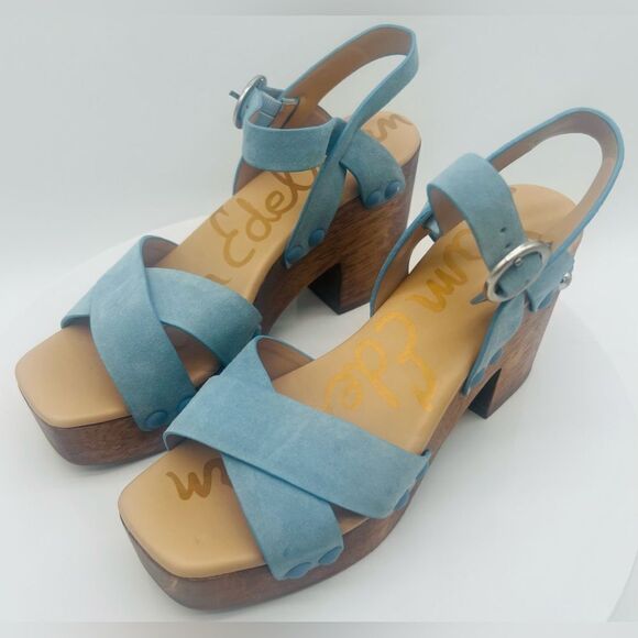 New! SAM EDELMAN Women's Josefine Platform Heeled Sandal Sky Blue - Picture 5 of 15